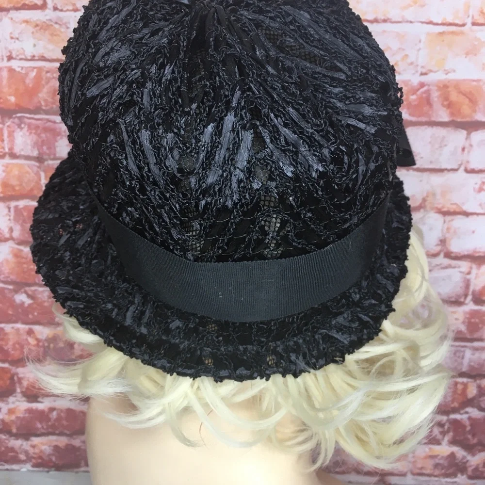 Vintage MCM Black Raffia Beach Cloche Hat